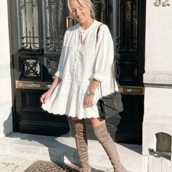 ZARA Women’s Embroidered Mini Dress Tunic Cream Boho Drop Waist Lace S - Picture 1 of 10